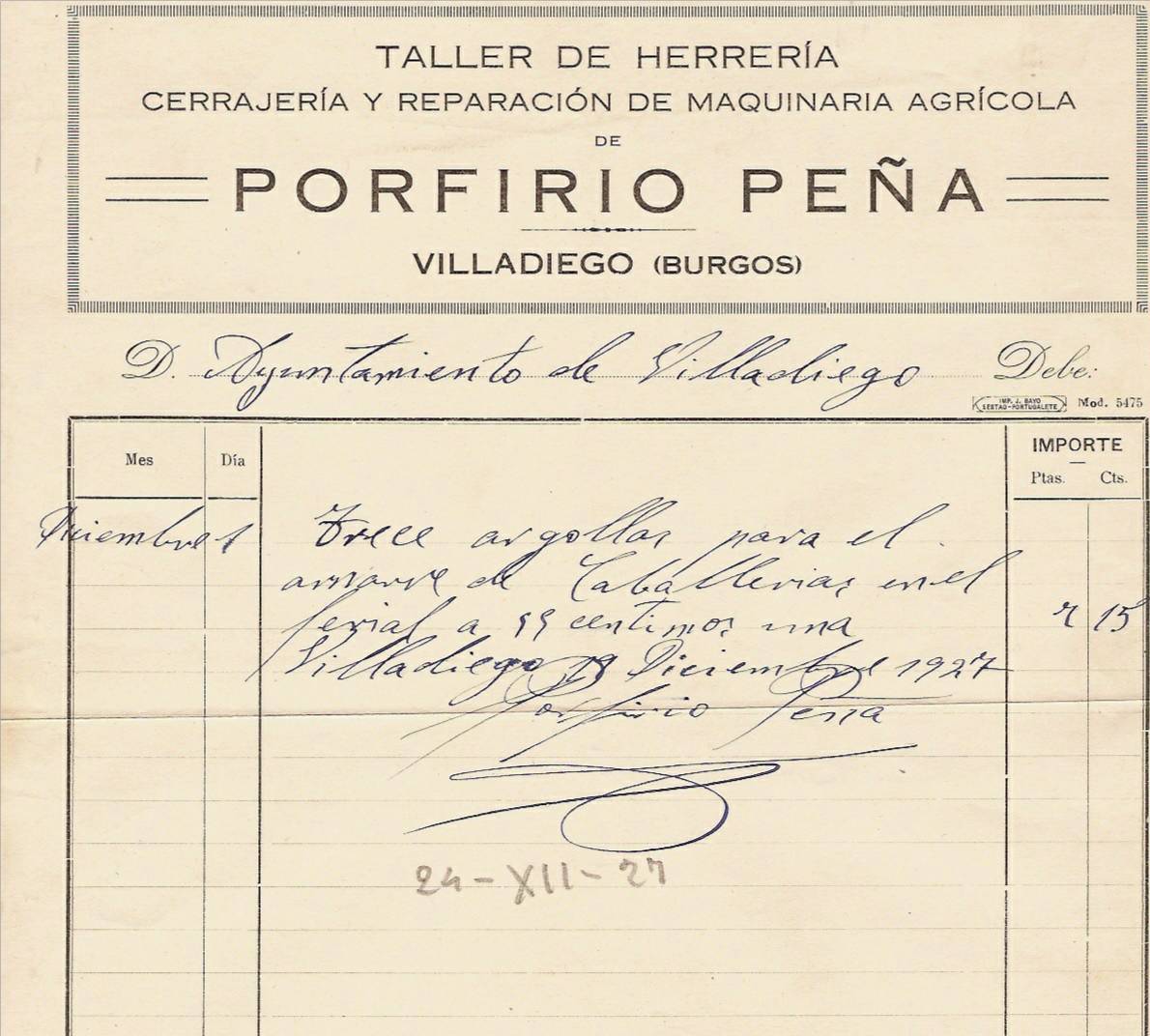 Factura de 24 de diciembre de 1927